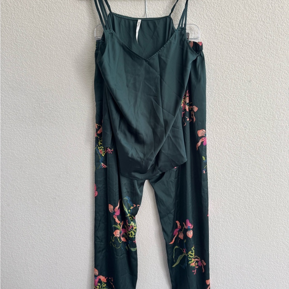 SOMA 2 piece pajama lounge set size large Floral-Print Relaxed Pants Dark Green - Picture 4 of 9